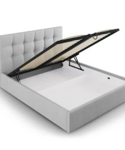 Micadoni Home Lits Lit Coffre Avec Tête De Lit 160x200 Cm En Tissu Structuré Gris Clair -Sommiers Soldes lit coffre avec tete de lit 160x200 cm en tissu structure gris clair 1