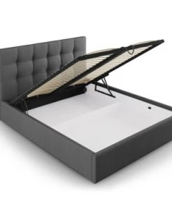 Micadoni Home Lits Lit Coffre Avec Tête De Lit 160x200 Cm En Tissu Structuré Gris Foncé -Sommiers Soldes lit coffre avec tete de lit 160x200 cm en tissu structure gris fonce 1