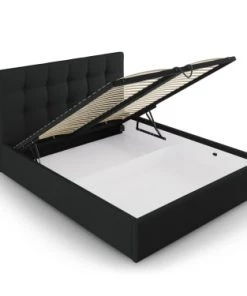 Micadoni Home Lits Lit Coffre Avec Tête De Lit 160x200 Cm En Tissu Structuré Noir
