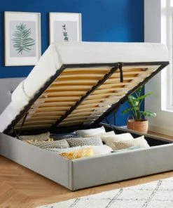 Drawer Lits Lit Coffre Capitonné En Tissu 140x190cm Gris Clair -Sommiers Soldes lit coffre capitonne en tissu 140x190cm gris clair 2