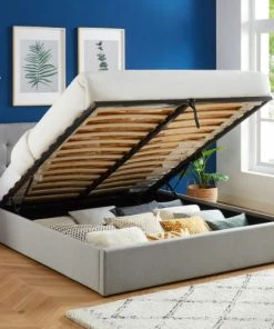 Drawer Lits Lit Coffre Capitonné En Tissu 160x200cm Gris Clair -Sommiers Soldes lit coffre capitonne en tissu 160x200cm gris clair 2