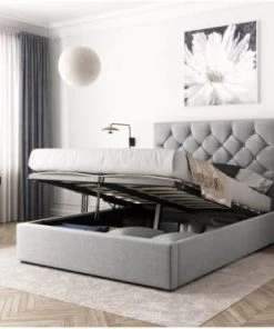 Usinestreet Lits Lit Coffre Capitonné En Tissu Gris Clair 140x190 -Sommiers Soldes lit coffre capitonne en tissu gris clair 140x190 2