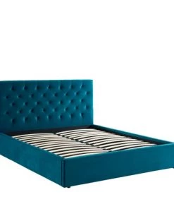 Drawer Lits Lit Coffre Capitonné En Velours 140x190cm Bleu Paon -Sommiers Soldes lit coffre capitonne en velours 140x190cm bleu paon 2
