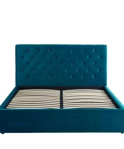 Drawer Lits Lit Coffre Capitonné En Velours 140x190cm Bleu Paon