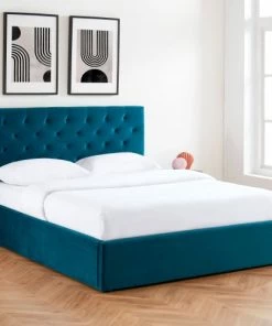 Drawer Lits Lit Coffre Capitonné En Velours 140x190cm Bleu Paon -Sommiers Soldes lit coffre capitonne en velours 140x190cm bleu paon 5