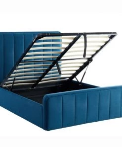 Homifab Lits Lit Coffre En Velours Bleu Canard 140x190 Avec Sommier Et Tête De Lit
