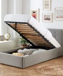 Sommiers Soldes -Sommiers Soldes lit coffre enfant 90x190 en tissu gris clair avec tete de lit 1