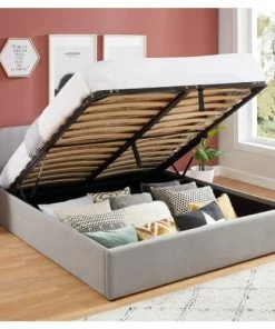 Homifab Lits Lit Coffre LENA Sommier à Lattes Et Tête De Lit 160x200 Gris Clair -Sommiers Soldes lit coffre lena sommier a lattes et tete de lit 160x200 gris clair 1