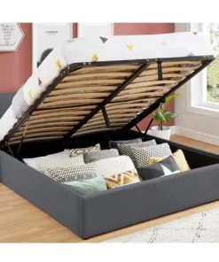 Sommiers Soldes -Sommiers Soldes lit coffre lena sommier a lattes et tete de lit 160x200 gris fonce 1