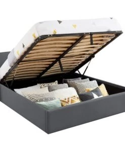 Homifab Lits Lit Coffre LENA Sommier à Lattes Et Tête De Lit 160x200 Gris Foncé