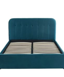 Drawer Lits Lit Coffre Matelassé En Velours 140x190cm Bleu Paon