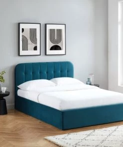 Drawer Lits Lit Coffre Matelassé En Velours 140x190cm Bleu Paon -Sommiers Soldes lit coffre matelasse en velours 140x190cm bleu paon 4