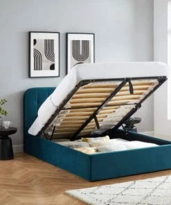Drawer Lits Lit Coffre Matelassé En Velours 140x190cm Bleu Paon -Sommiers Soldes lit coffre matelasse en velours 140x190cm bleu paon 5