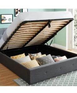 Homifab Lits Lit Coffre Sommier à Lattes Et Tête De Lit 140x190 Anthracite -Sommiers Soldes lit coffre sommier a lattes et tete de lit 140x190 anthracite 1