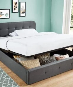 Homifab Lits Lit Coffre Sommier à Lattes Et Tête De Lit 140x190 Anthracite -Sommiers Soldes lit coffre sommier a lattes et tete de lit 140x190 anthracite 5