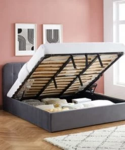 Baita Lits Lit Coffre Velours Gris Sommier 180x200cm Inclus -Sommiers Soldes lit coffre velours gris sommier 180x200cm inclus 5