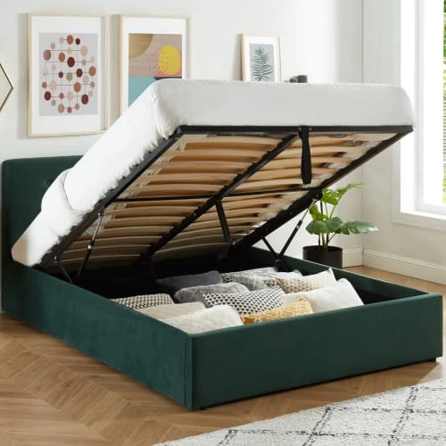 Homifab Lits Lit Coffre Velours Vert 140x190 Avec Sommier Et Tête De Lit 4 Homifab Lits Lit Coffre Velours Vert 140x190 Avec Sommier Et Tête De Lit – Image 2
