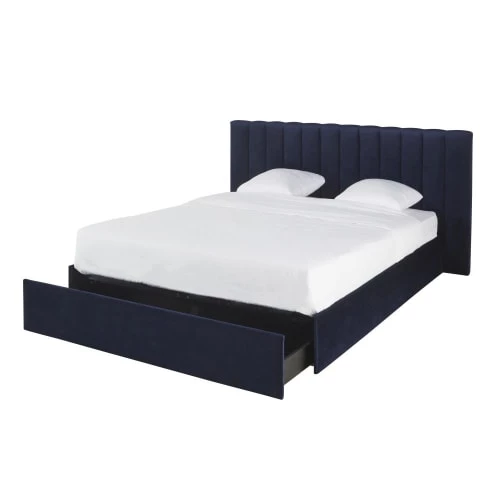 Maisons Du Monde Lits Lit Coffre Vintage 160x200 Avec Sommier à Lattes En Velours Bleu Nuit, OEKO-TEX® 4 Maisons Du Monde Lits Lit Coffre Vintage 160x200 Avec Sommier à Lattes En Velours Bleu Nuit, OEKO-TEX® – Image 2