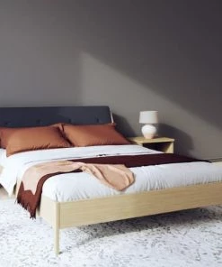 Homifab Lits Lit Double 160x200 Placage Chêne Avec Tête De Lit En Tissu Gris -Sommiers Soldes lit double 160x200 placage chene avec tete de lit en tissu gris 1