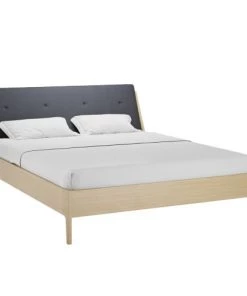 Homifab Lits Lit Double 160x200 Placage Chêne Avec Tête De Lit En Tissu Gris -Sommiers Soldes lit double 160x200 placage chene avec tete de lit en tissu gris 2