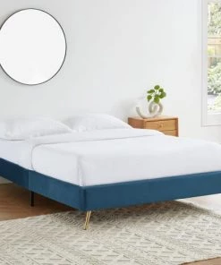 Homifab Lits Lit Double Avec Sommier 140x190cm En Velours Bleu Canard -Sommiers Soldes lit double avec sommier 140x190cm en velours bleu canard 1