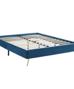 Homifab Lits Lit Double Avec Sommier 140x190cm En Velours Bleu Canard -Sommiers Soldes lit double avec sommier 140x190cm en velours bleu canard 5