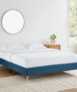 Homifab Lits Lit Double Avec Sommier 160x200cm En Velours Bleu Canard -Sommiers Soldes lit double avec sommier 160x200cm en velours bleu canard 4