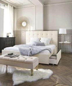 Maisons Du Monde Lits Lit Double Capitonné Ivoire Avec Rangements, Couchage 180x200 -Sommiers Soldes lit double capitonne ivoire avec rangements couchage 180x200 1000 6 39 199586 4