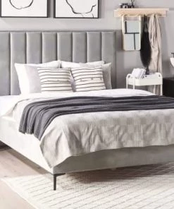 Beliani Lits Lit Double En Velours Gris 140x200 -Sommiers Soldes lit double en velours gris 140x200 2