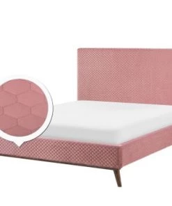 Beliani Lits Lit Double En Velours Rose 160x200 -Sommiers Soldes lit double en velours rose 160x200 4