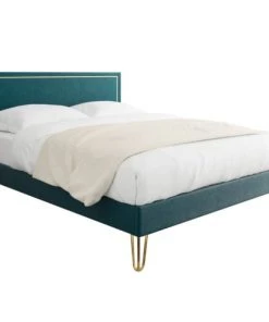 Homifab Lits Lit En Velours Bleu Canard 140x190 Avec Sommier Et Tête De Lit -Sommiers Soldes lit en velours bleu canard 140x190 avec sommier et tete de lit 2