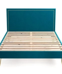 Homifab Lits Lit En Velours Bleu Canard 140x190 Avec Sommier Et Tête De Lit