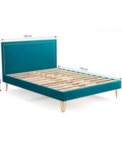 Homifab Lits Lit En Velours Bleu Canard 140x190 Avec Sommier Et Tête De Lit -Sommiers Soldes lit en velours bleu canard 140x190 avec sommier et tete de lit 3