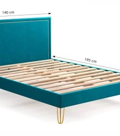 Homifab Lits Lit En Velours Bleu Canard 140x190 Avec Sommier Et Tête De Lit -Sommiers Soldes lit en velours bleu canard 140x190 avec sommier et tete de lit 4