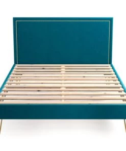 Homifab Lits Lit En Velours Bleu Nuit 160x200 Avec Sommier Et Tête De Lit -Sommiers Soldes lit en velours bleu canard 160x200 avec sommier et tete de lit