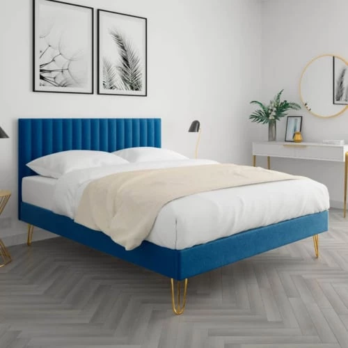 Homifab Lits Lit En Velours Bleu Nuit 140x190 Avec Sommier Et Tête De Lit 5 Homifab Lits Lit En Velours Bleu Nuit 140x190 Avec Sommier Et Tête De Lit – Image 3