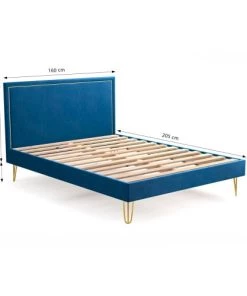Homifab Lits Lit En Velours Bleu Nuit 160x200 Avec Sommier Et Tête De Lit -Sommiers Soldes lit en velours bleu nuit 160x200 avec sommier et tete de lit 3