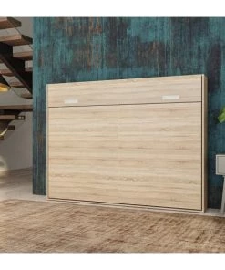 Calicosy Lits Lit Escamotable Horizontal 2 Places Avec Pied - 140 X 200 - Marron -Sommiers Soldes lit escamotable horizontal 2 places avec pied 140 x 200 marron 3