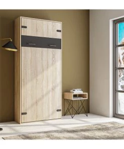 Calicosy Lits Lit Escamotable Vertical 1 Place 90X200 - Décor Chêne Et Noir -Sommiers Soldes lit escamotable vertical 1 place 90x200 decor chene et noir 3