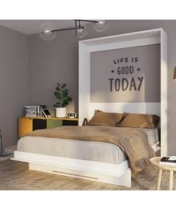 Calicosy Lits Lit Escamotable Vertical 2 Places - 140 X 200 Cm - Blanc -Sommiers Soldes lit escamotable vertical 2 places 140 x 200 cm blanc 2