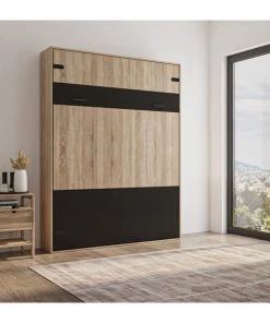 Calicosy Lits Lit Escamotable Vertical 2 Places 160X200 - Décor Chêne Et Noir -Sommiers Soldes lit escamotable vertical 2 places 160x200 decor chene et noir 3