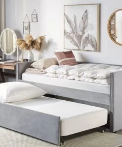 Beliani Lits Lit Gigogne En Velours Gris 90x200 -Sommiers Soldes lit gigogne en velours gris 90x200 2