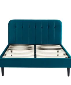 Drawer Lits Lit Matelassé En Velours 140x190cm Bleu Paon