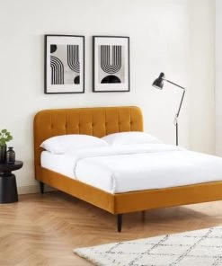 Drawer Lits Lit Matelassé En Velours 140x190cm Jaune Moutarde -Sommiers Soldes lit matelasse en velours 140x190cm jaune moutarde 3